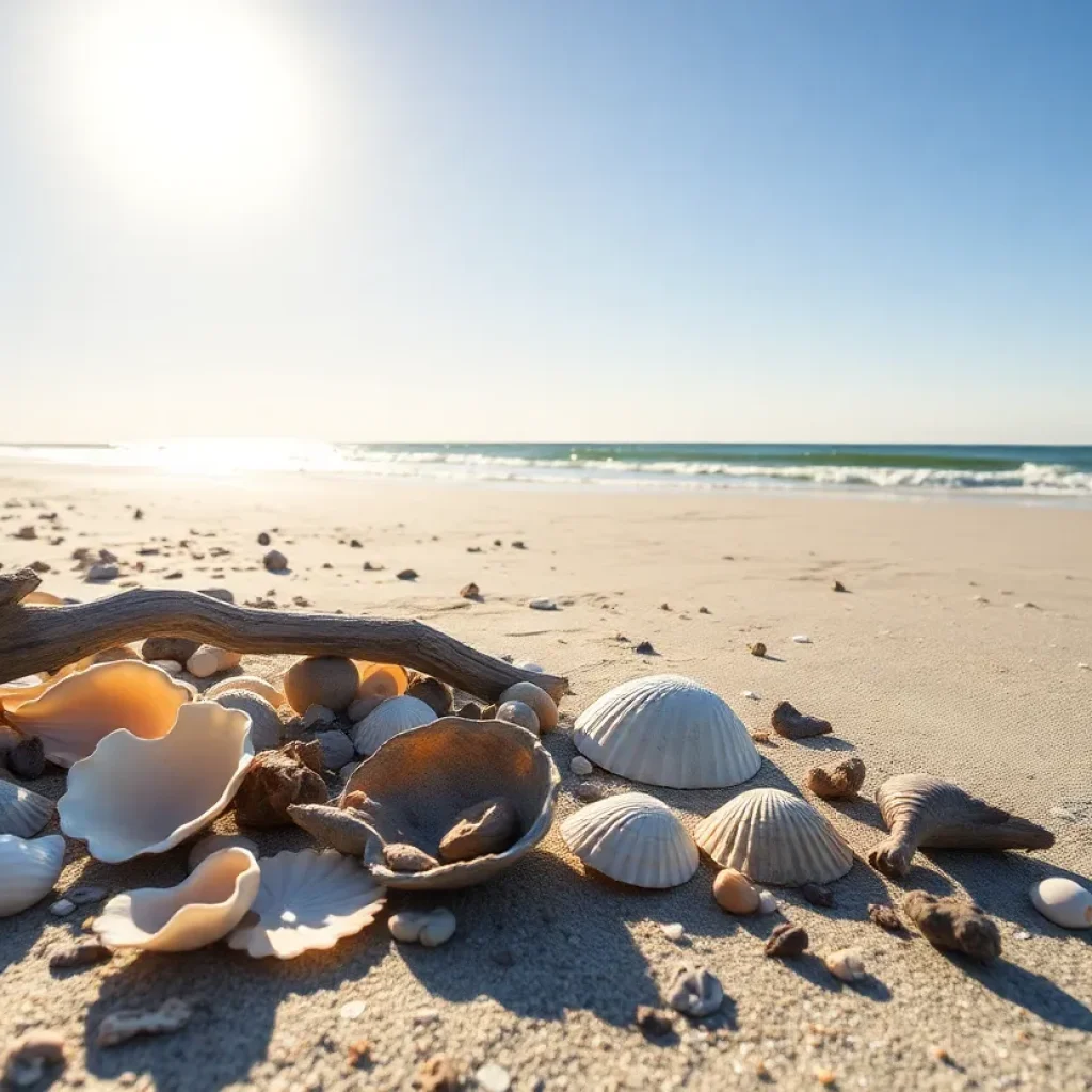 A beach scene in South Carolina with various unusual marine artifacts and a clear blue sky.