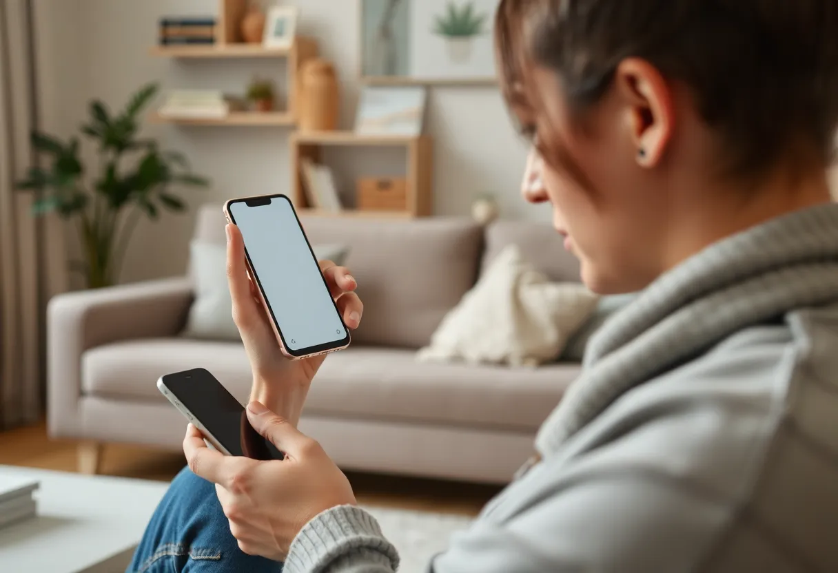 A person utilizing voice search technology on a smartphone.