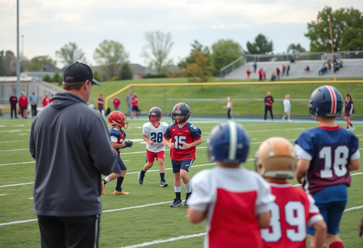 Youth flag football game in action with coaches and young players