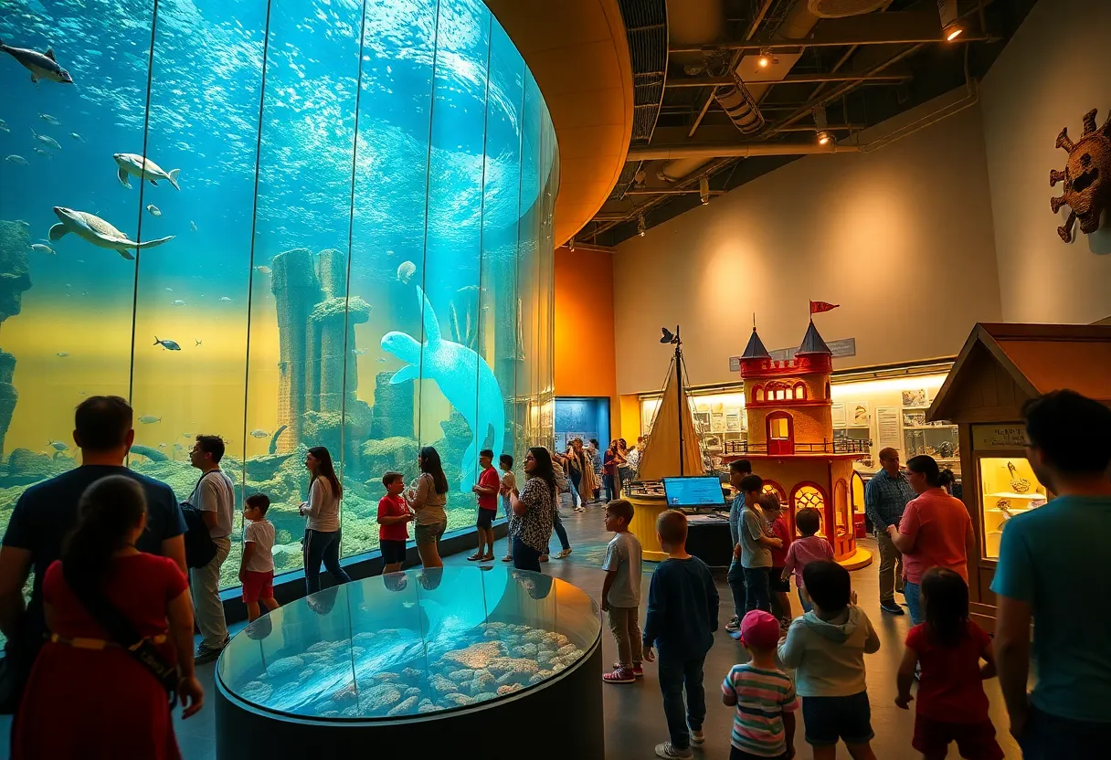 Families and children interacting with aquarium, play exhibits, and fossil displays inside Charleston museums