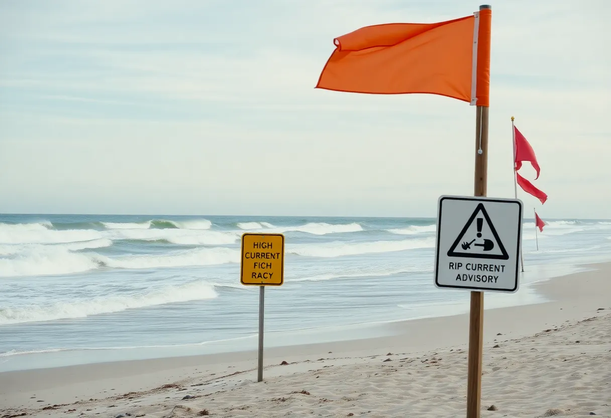Charleston beach with waves and safety warning signs during rip current advisory