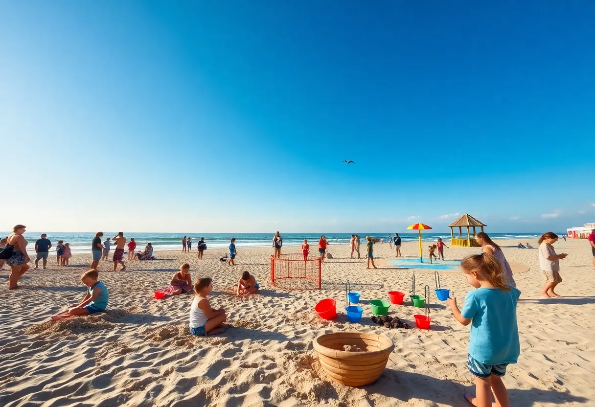 Families and children playing on Coligny Beach with splash pad, sandcastles and dolphins offshore