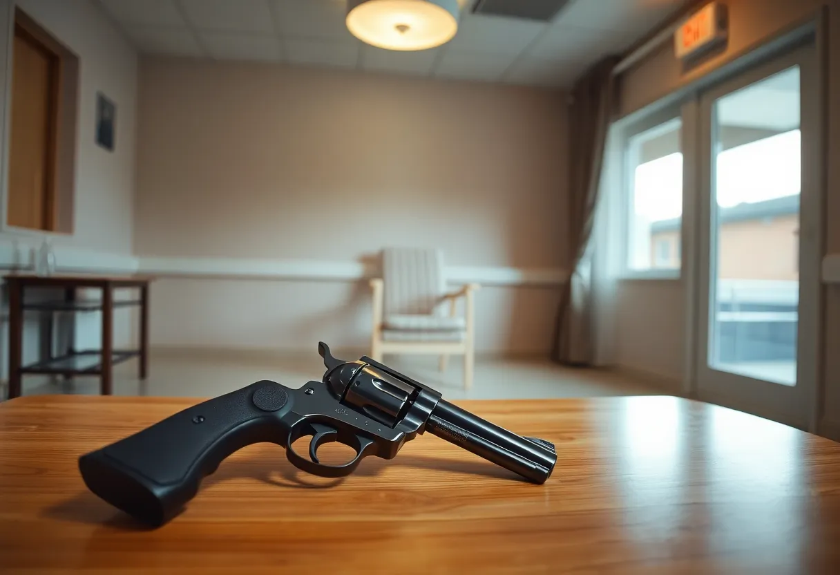 Room at a care facility with an empty chair and a revolver on the table.