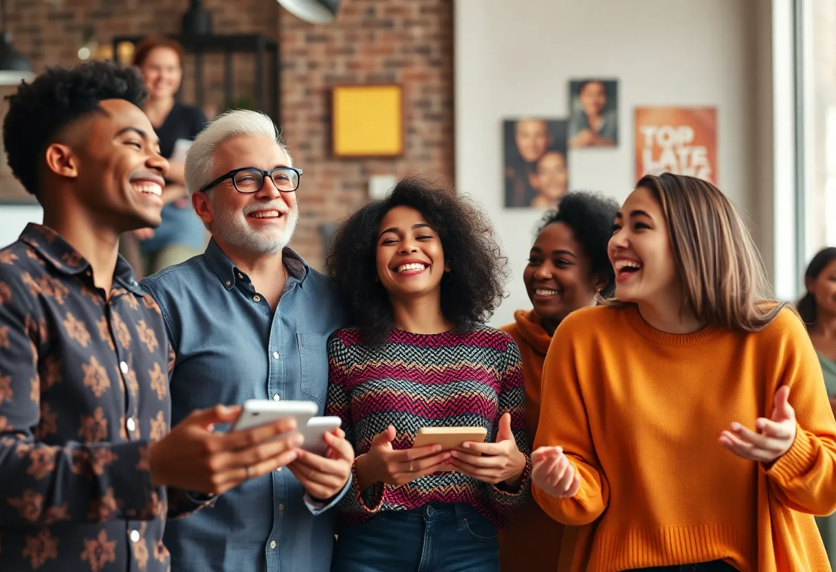 Diverse individuals engaging with a digital marketing campaign expressing various emotions.