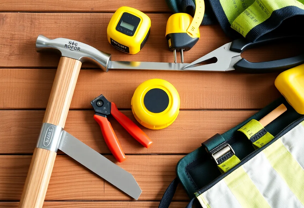 A variety of DIY roofing tools including a hammer, utility knife, and safety gear on a workbench.