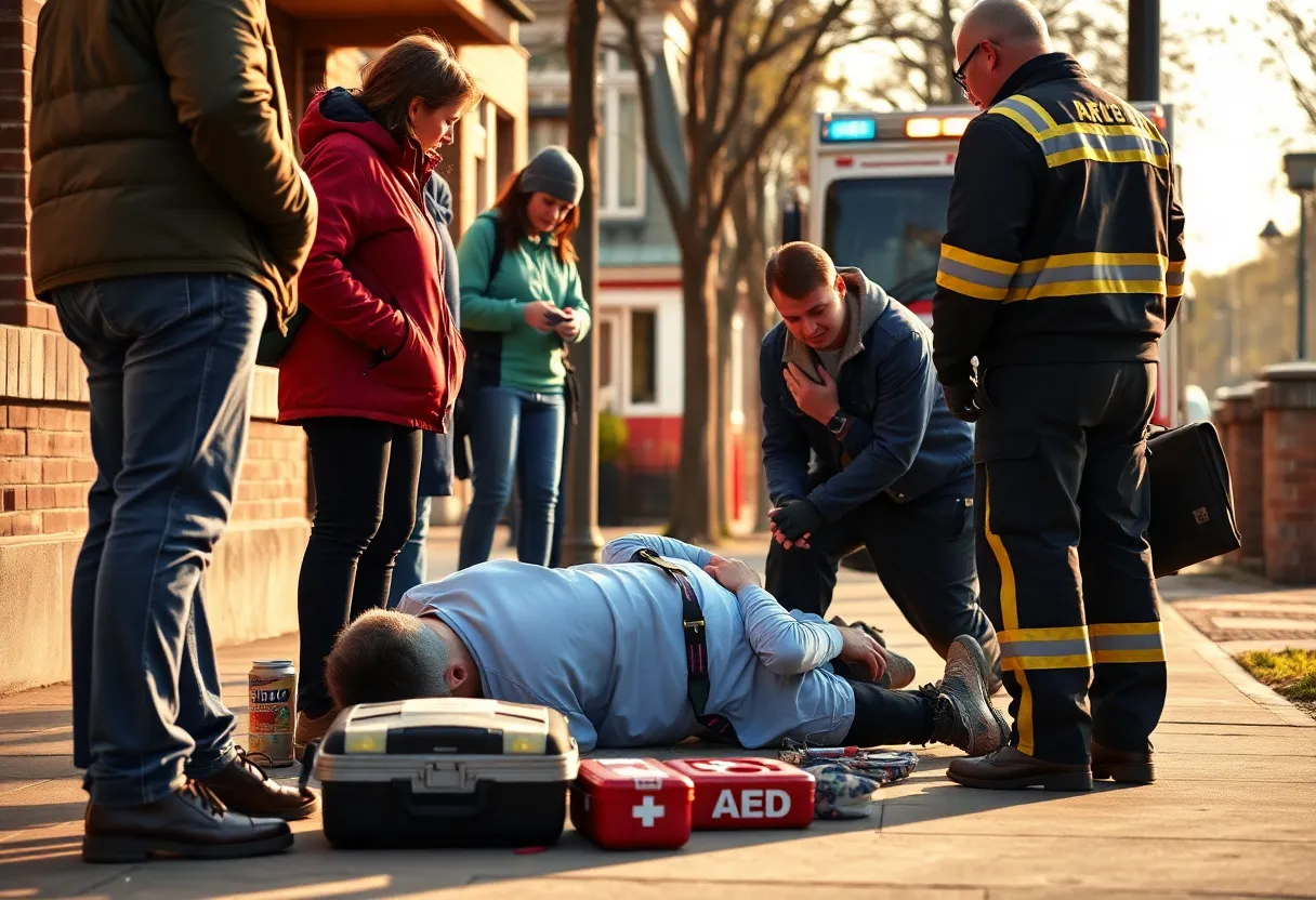 Bystanders administering CPR and first aid with emergency responder approaching