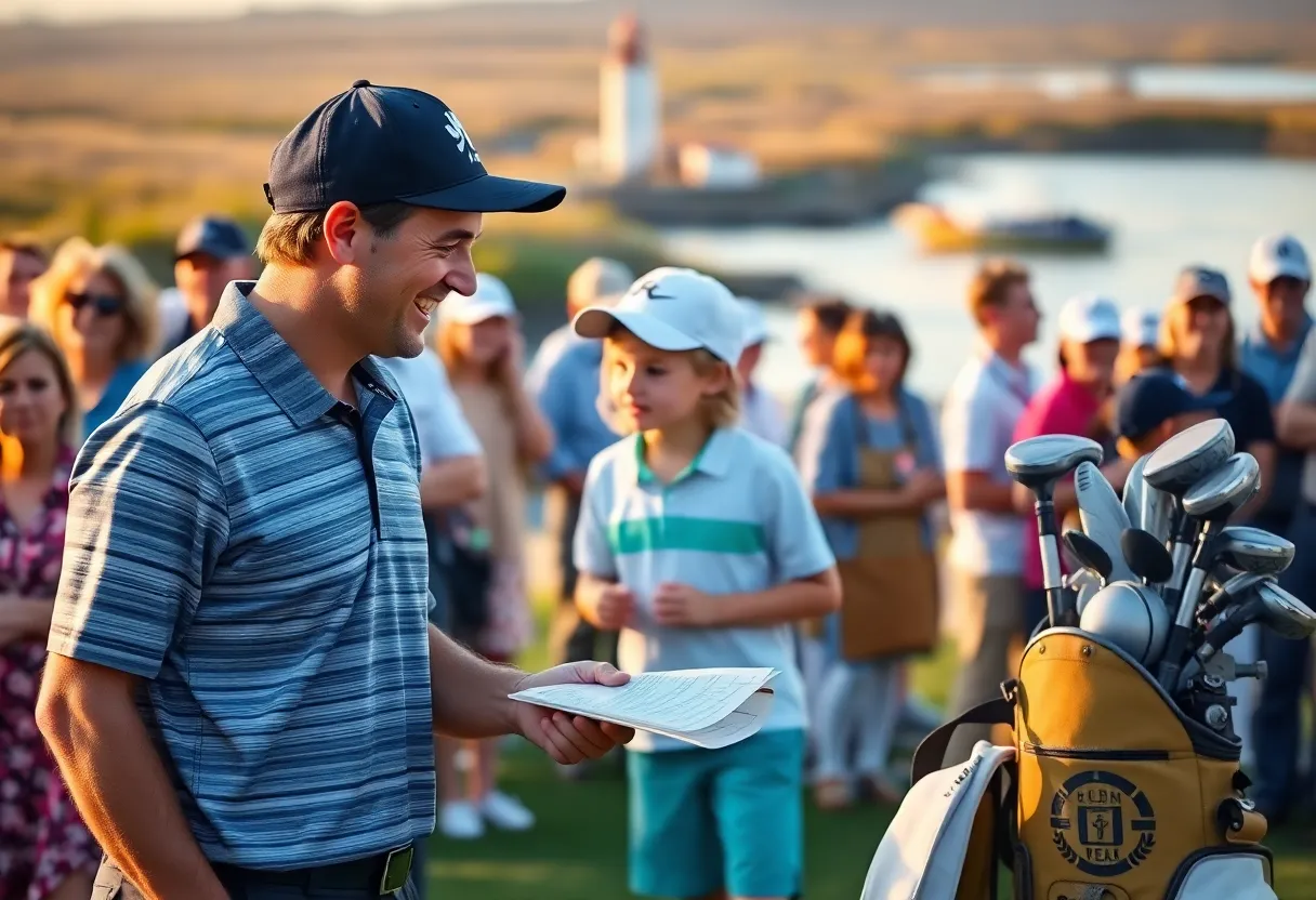 Professional golfer interacting with a young fan at a waterfront golf event on Hilton Head Island