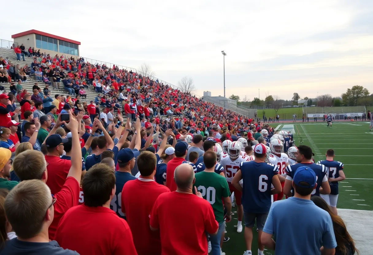 Football players in action during a high school game with cheering fans in the background.