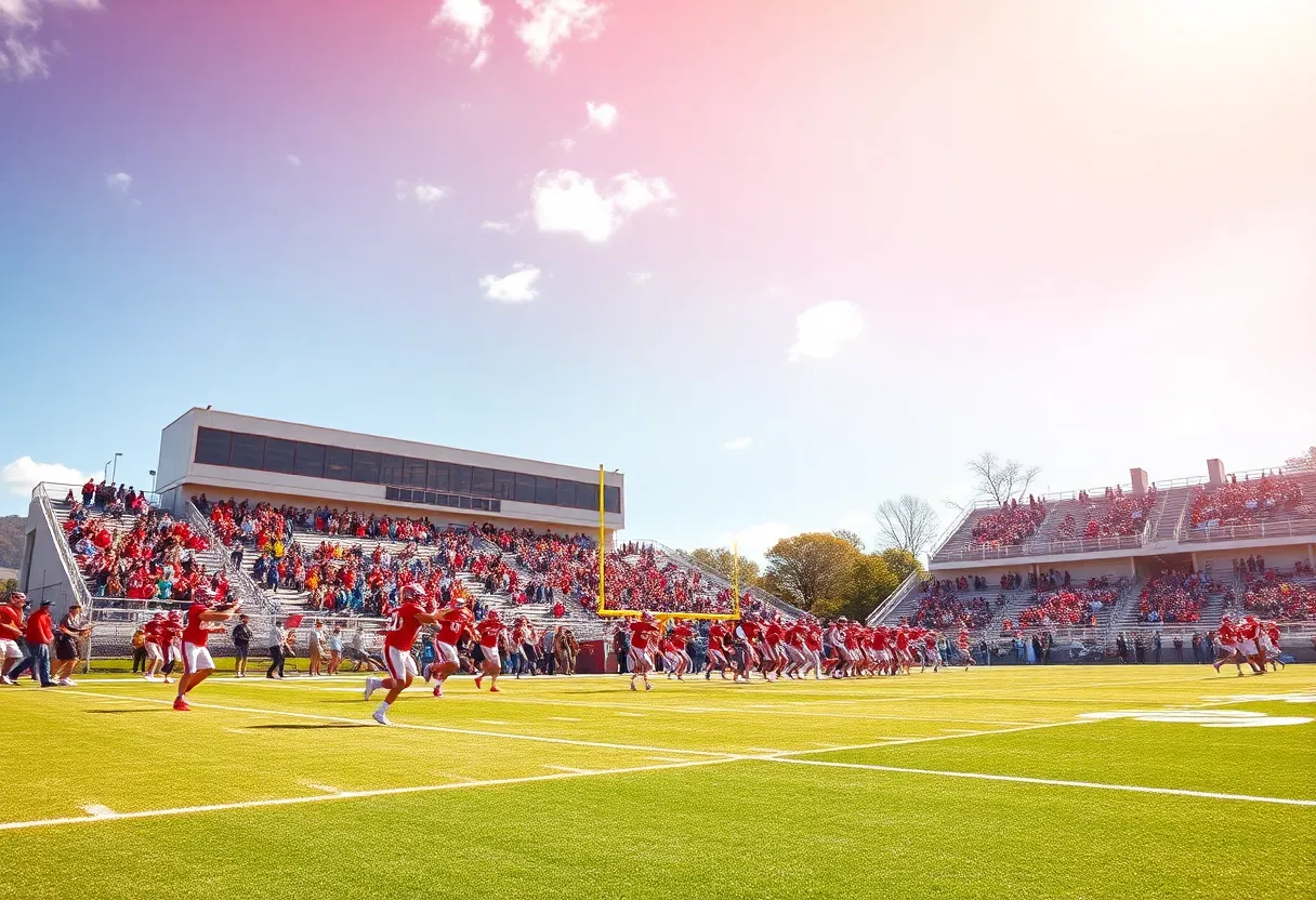 High school football players in action during a game under a sunny sky