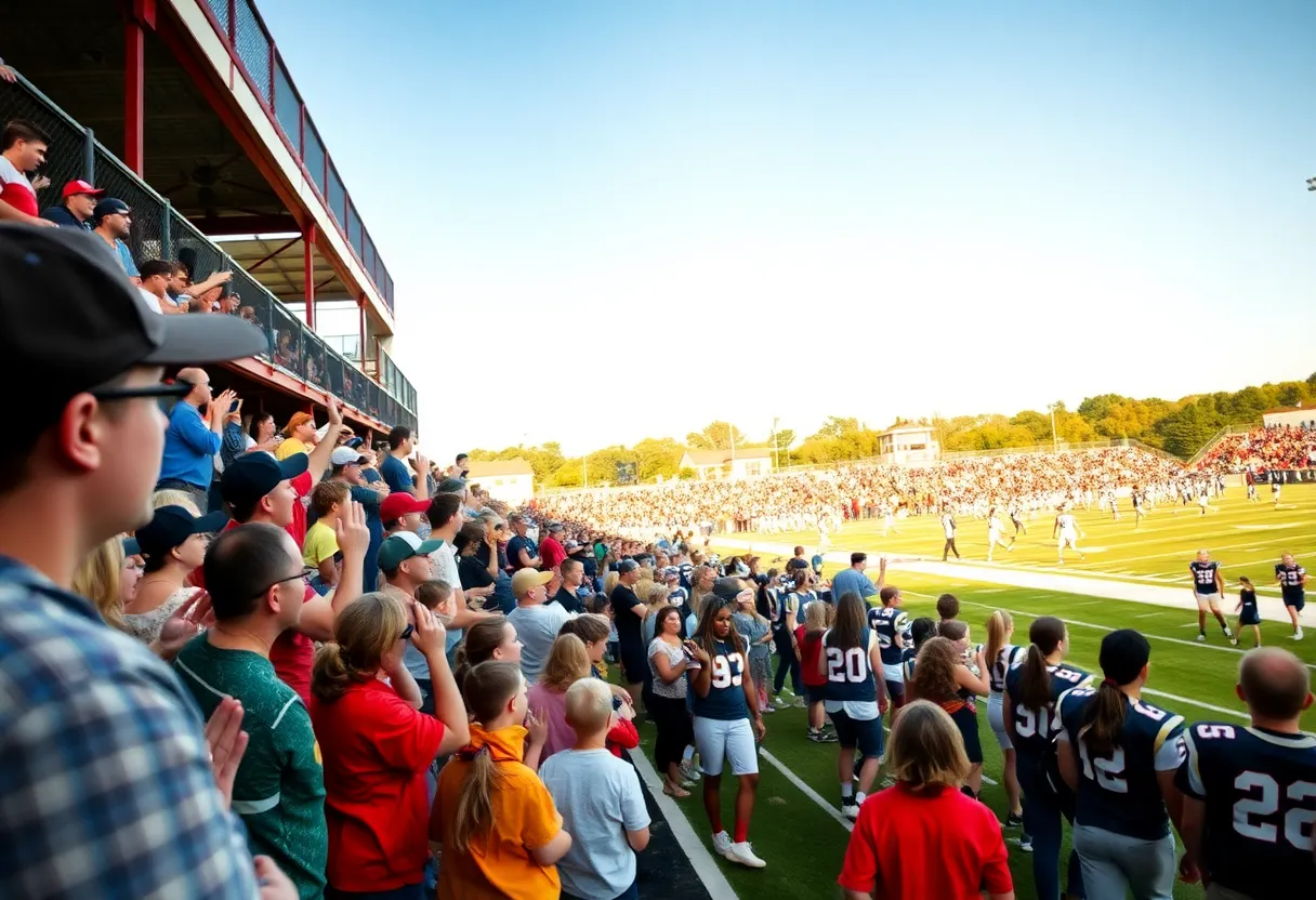 Fans and players at a high school football game