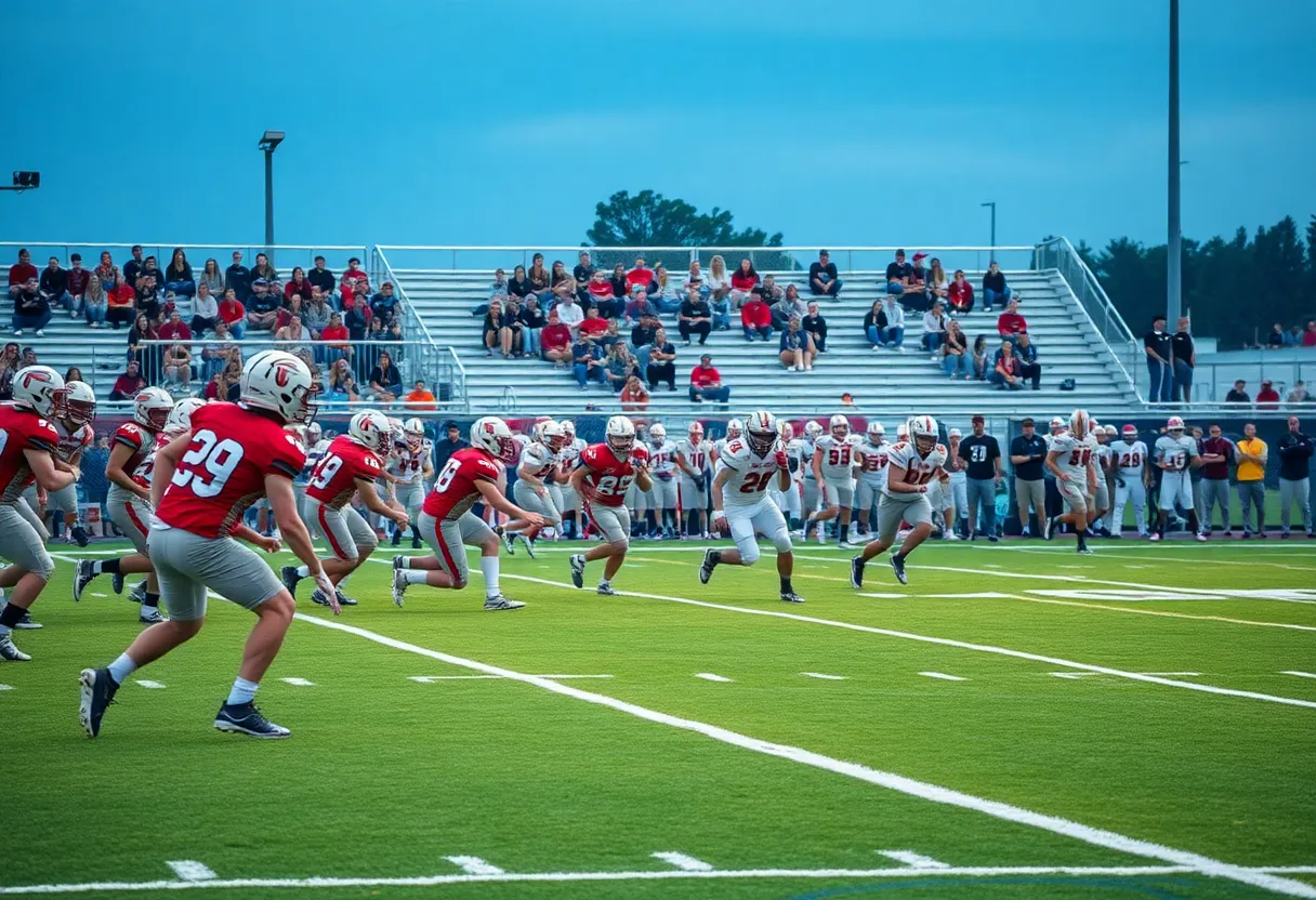 A high school football game in action with teams competing.