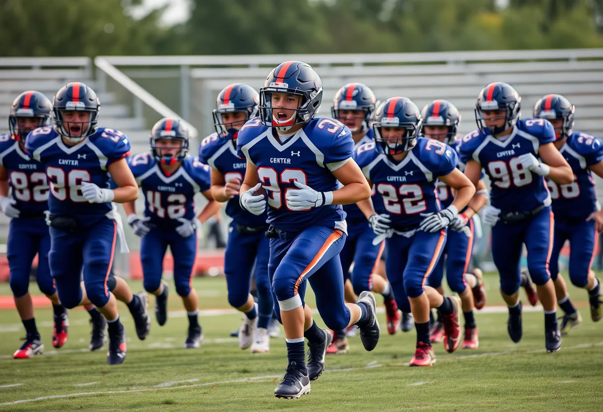 High school football players demonstrating teamwork on the field