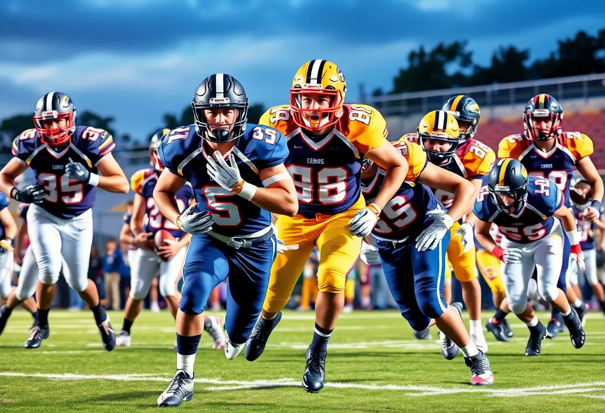Collage of high school football players showcasing their skills on the field