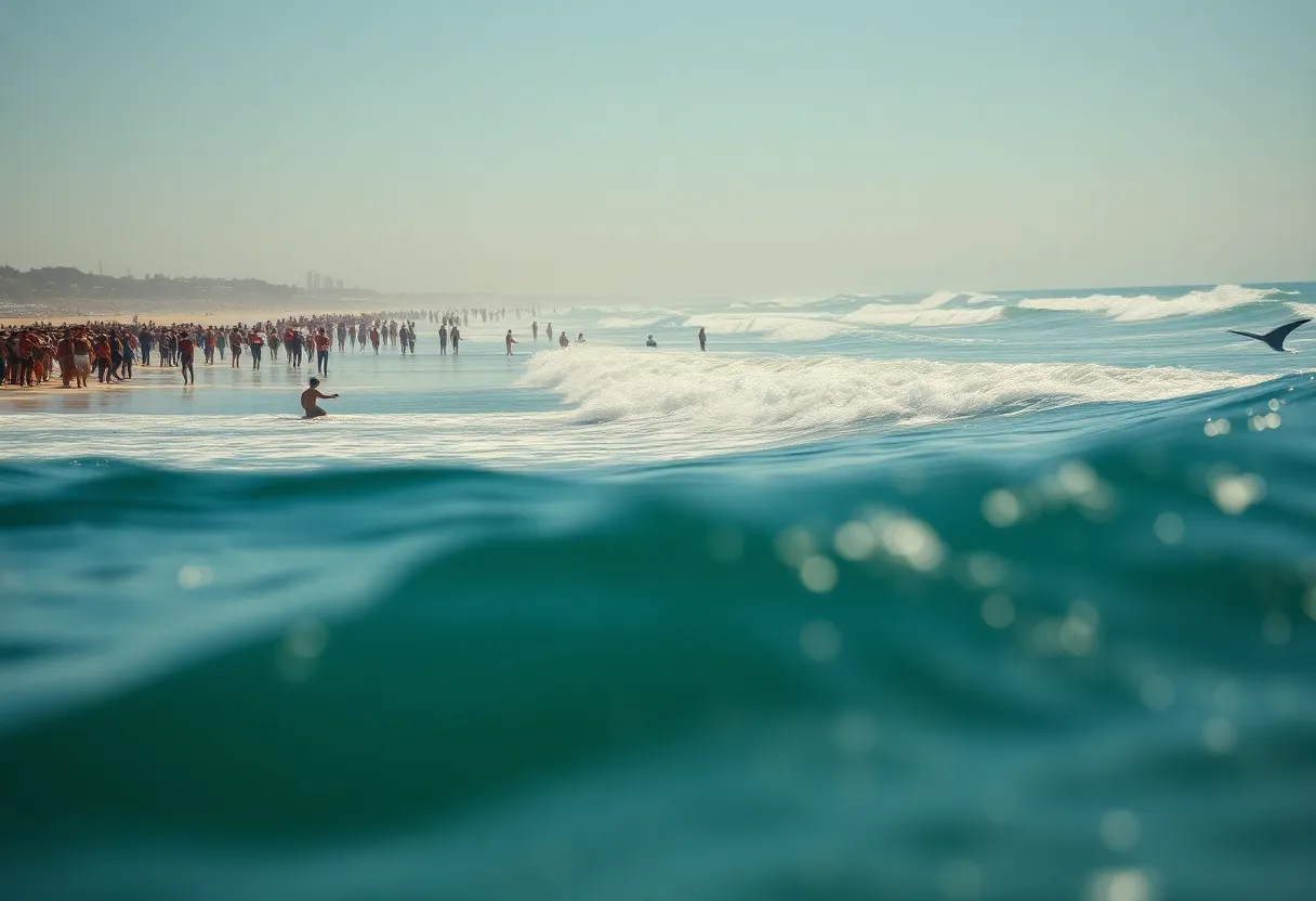 Busy summer beach scene in Hilton Head, showing swimmers and surfers with ocean waves, and a distant shark fin.
