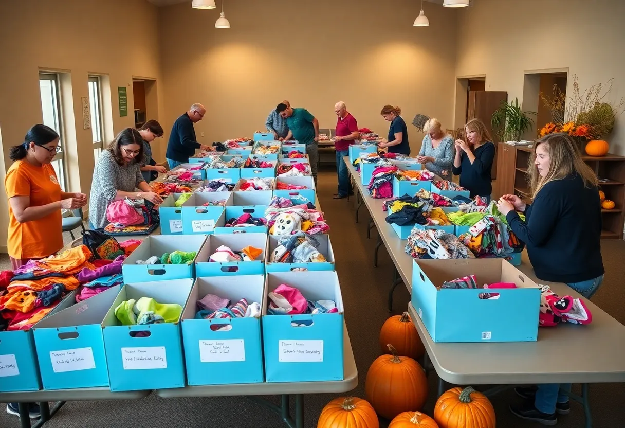 Volunteers organizing donated children's Halloween costumes at a community center table with boxes and fall decorations