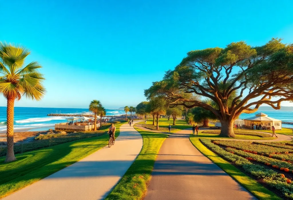 Scenic Hilton Head trail with cyclists, festival tents, palm trees and clear blue sky