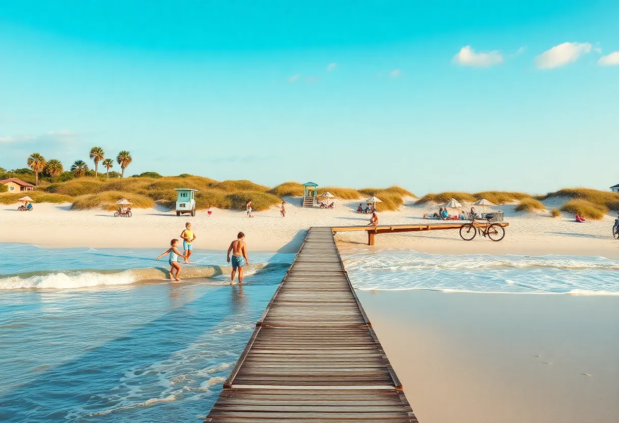 Families enjoying a gentle Hilton Head Island beach with boardwalk, bikes, and lifeguard stand