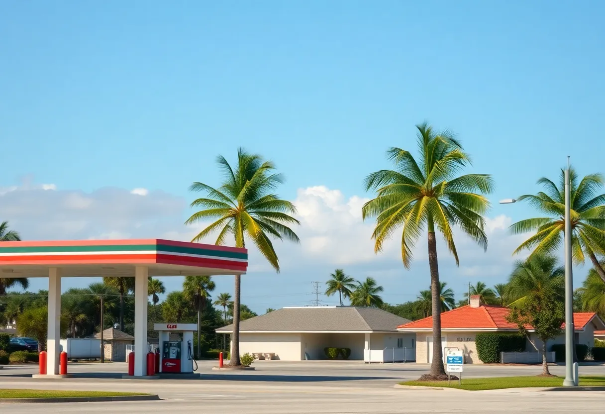 Gas station in Hilton Head Island with palm trees and blue skies
