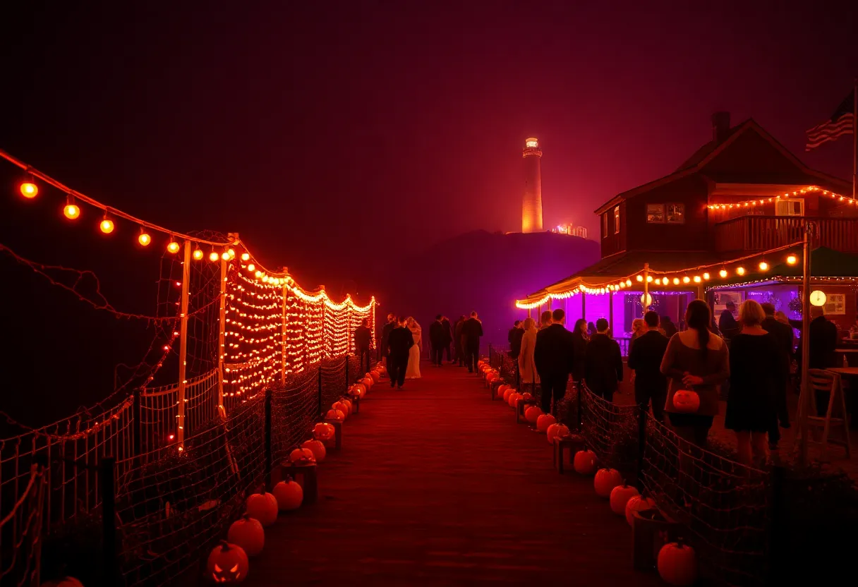 Families and costumed attendees on a glowing Halloween trail with pumpkins and string lights on Hilton Head Island.