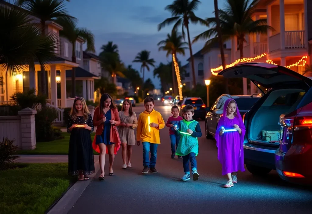 Families trick-or-treating at dusk with children wearing reflective tape and holding glow sticks near well-lit porches and decorated car trunks