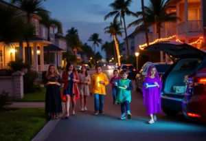 Families trick-or-treating at dusk with children wearing reflective tape and holding glow sticks near well-lit porches and decorated car trunks