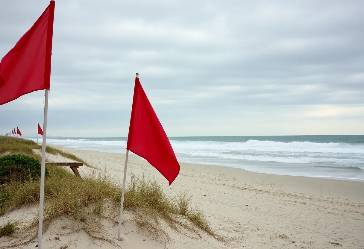 Hilton Head beach with high surf and warning flags
