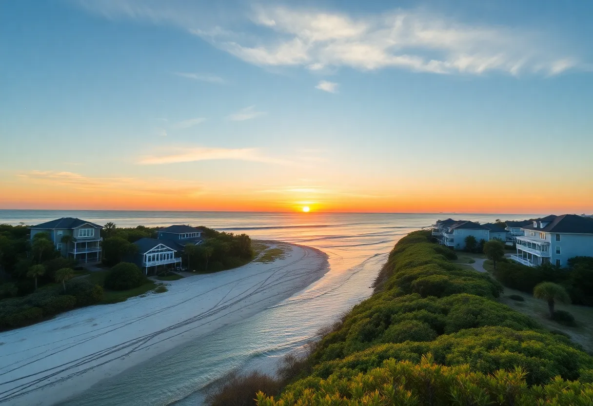 Beautiful oceanfront homes on Hilton Head Island at sunset.
