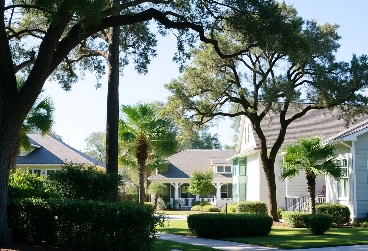 A tranquil neighborhood scene in Hilton Head Island showcasing local houses and trees.