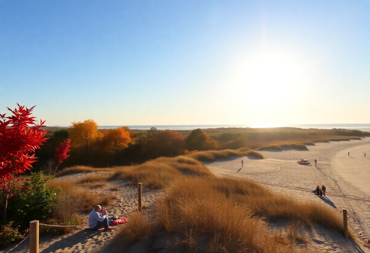 Autumn scene depicting people enjoying outdoor activities at Hilton Head Island under clear skies.