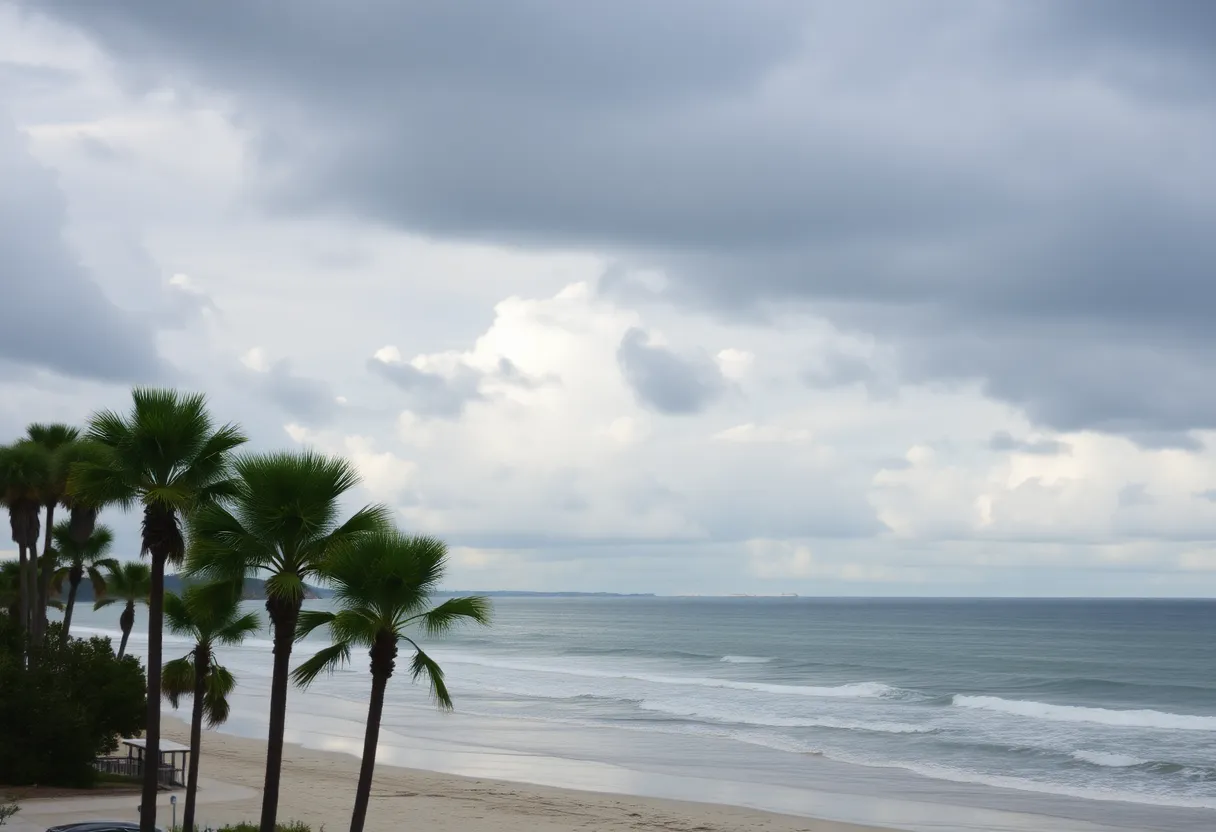 Cloudy skies over Hilton Head Island beach with palm trees