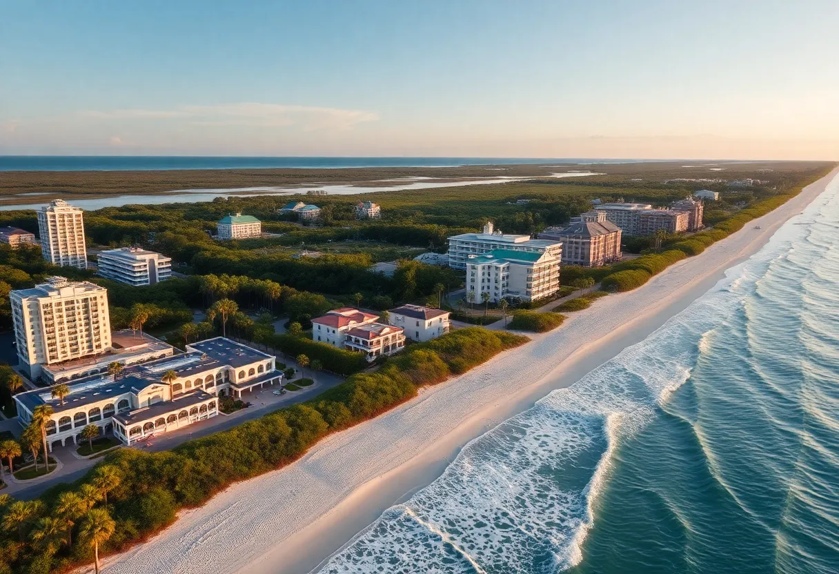 A picturesque beach view of Hilton Head Island with hotels in the background.