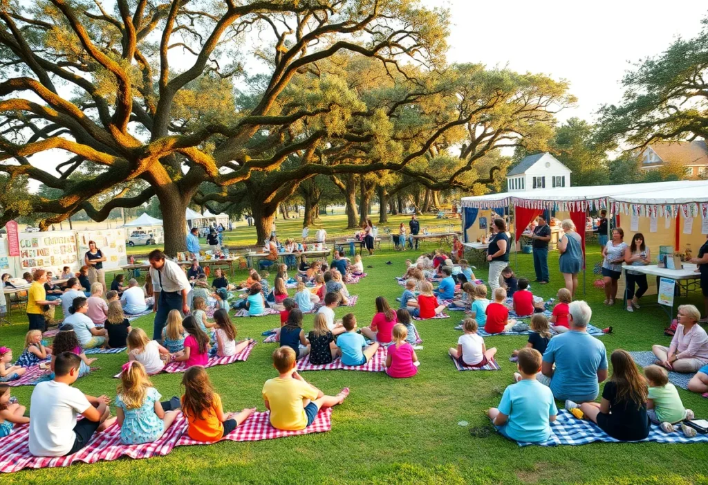 Families at an outdoor Hilton Head Island literary festival with storytellers, book tables, and children participating