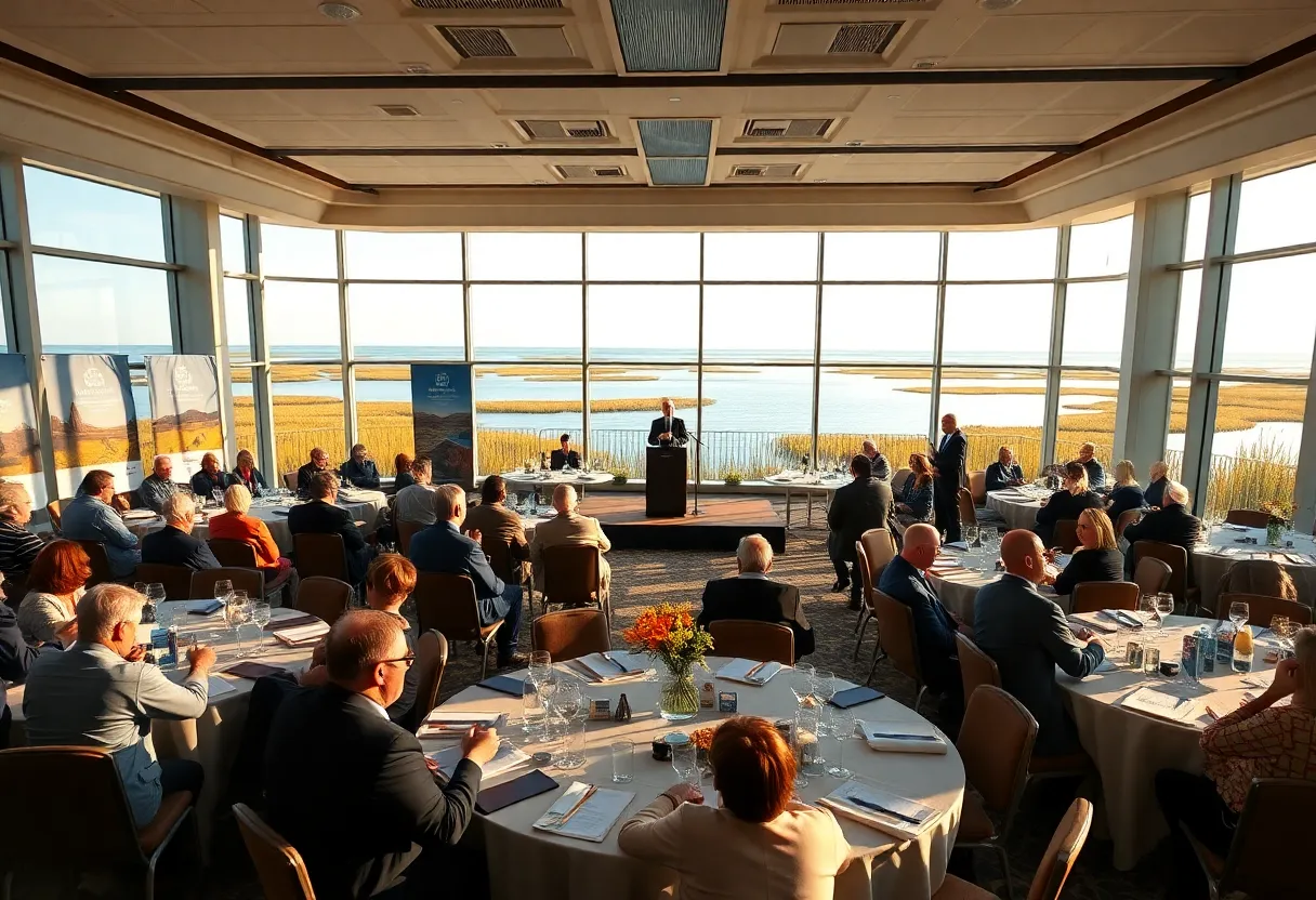 Regional leaders and panelists at a Hilton Head Island luncheon with coastal view discussing conservation and housing