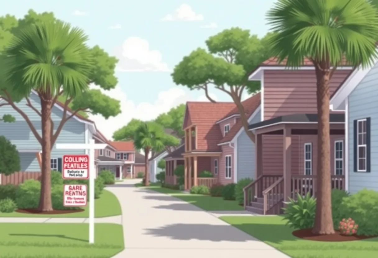 Peaceful neighborhood scene in Hilton Head featuring houses and rental signs
