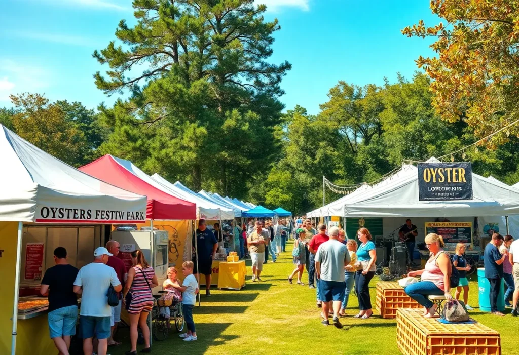 Crowd at Hilton Head Oyster Festival with oyster vendor tents, live band and families enjoying activities