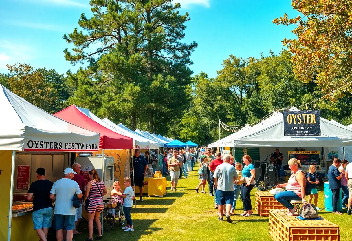 Crowd at Hilton Head Oyster Festival with oyster vendor tents, live band and families enjoying activities