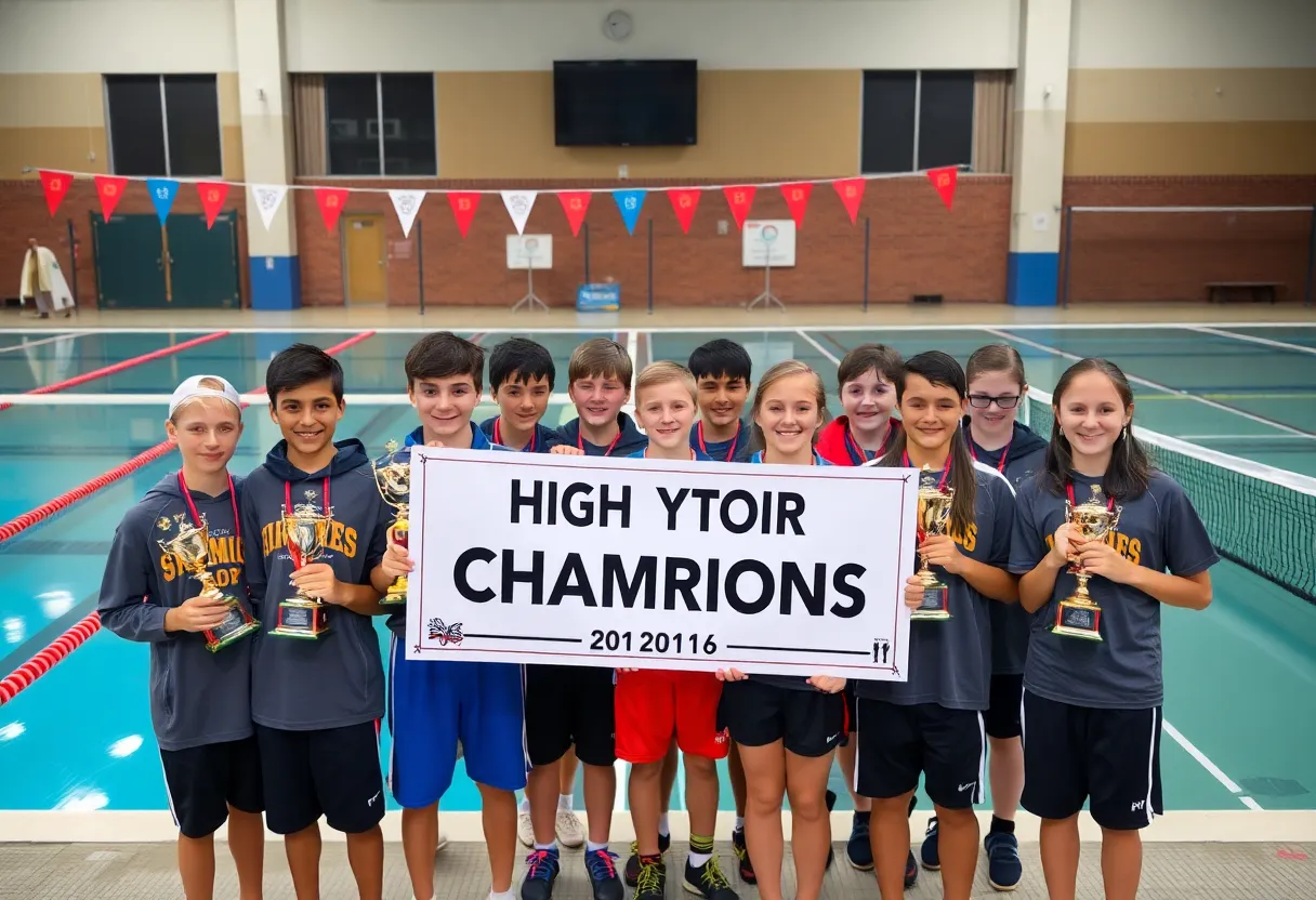 Students celebrating championships at Hilton Head Prep with trophies