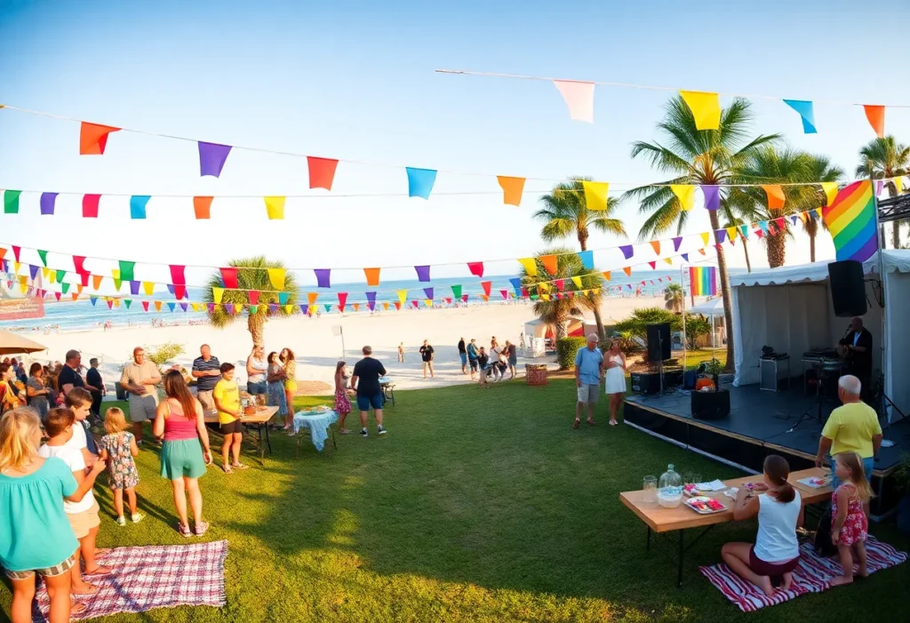 Families and children at a rainbow-decorated pride event on Hilton Head Island with live music and activities