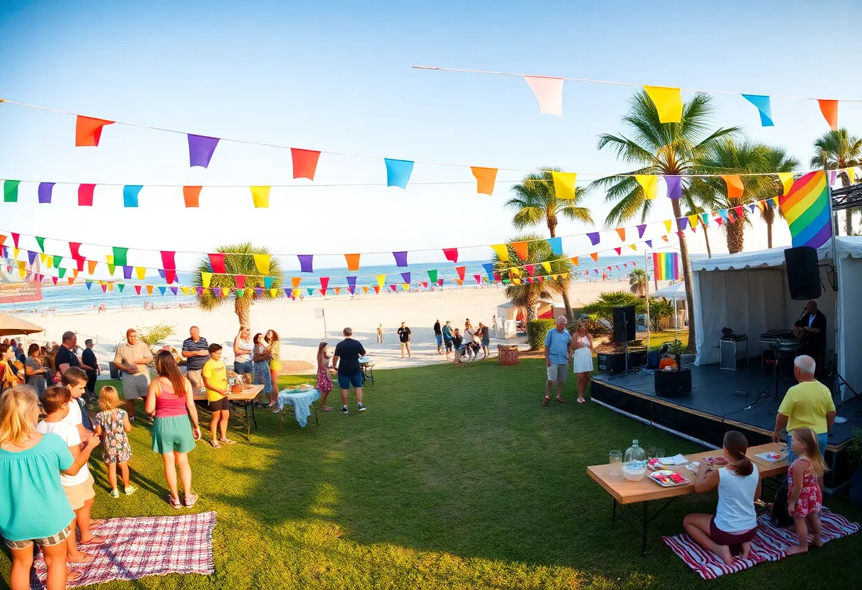 Families and children at a rainbow-decorated pride event on Hilton Head Island with live music and activities