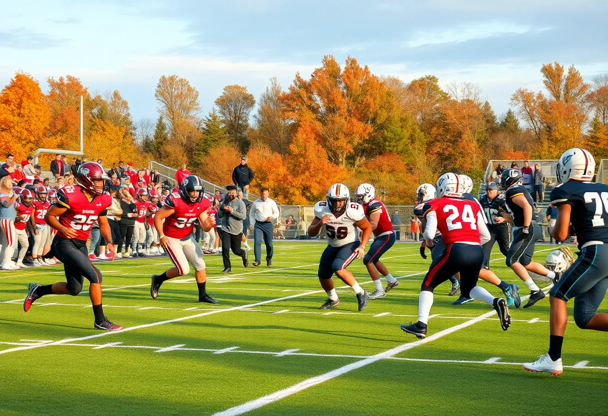 High school football teams Hilton Head Seahawks and May River Sharks playing a game.