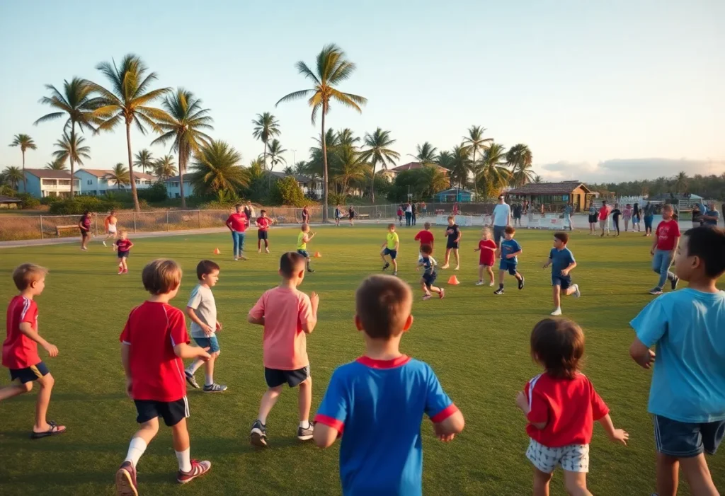 Diverse group of children doing soccer and rugby drills on a grassy field near Hilton Head beach with coaches and families watching