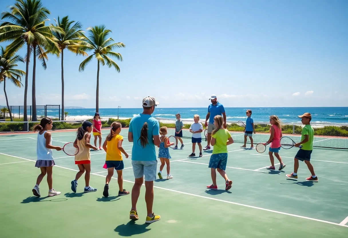 Kids practicing tennis drills on sunny Hilton Head Island courts with coaches and island scenery