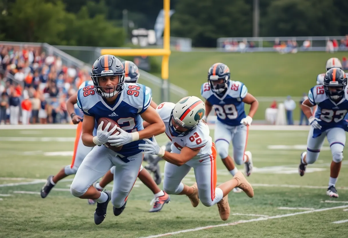 Football player tackling opponent during championship match