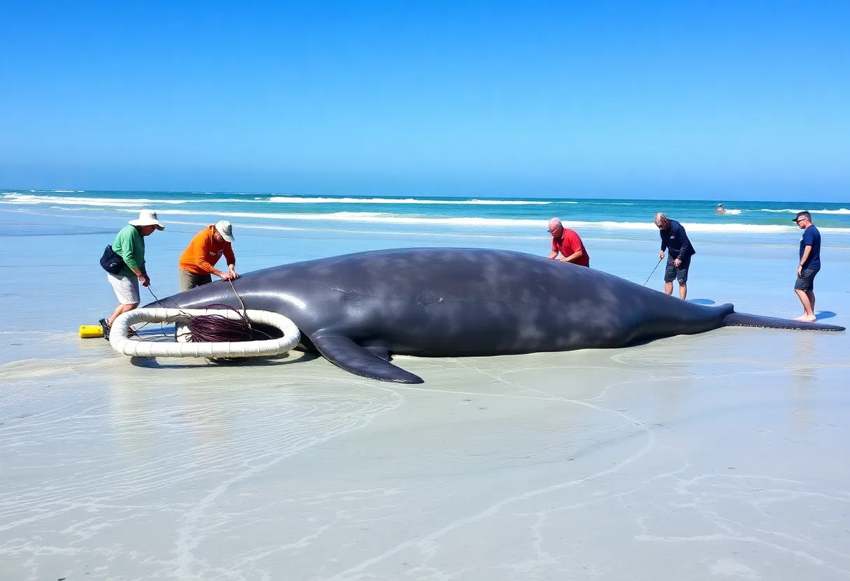 Juvenile sperm whale beached on Hilton Head Island with marine experts providing care.
