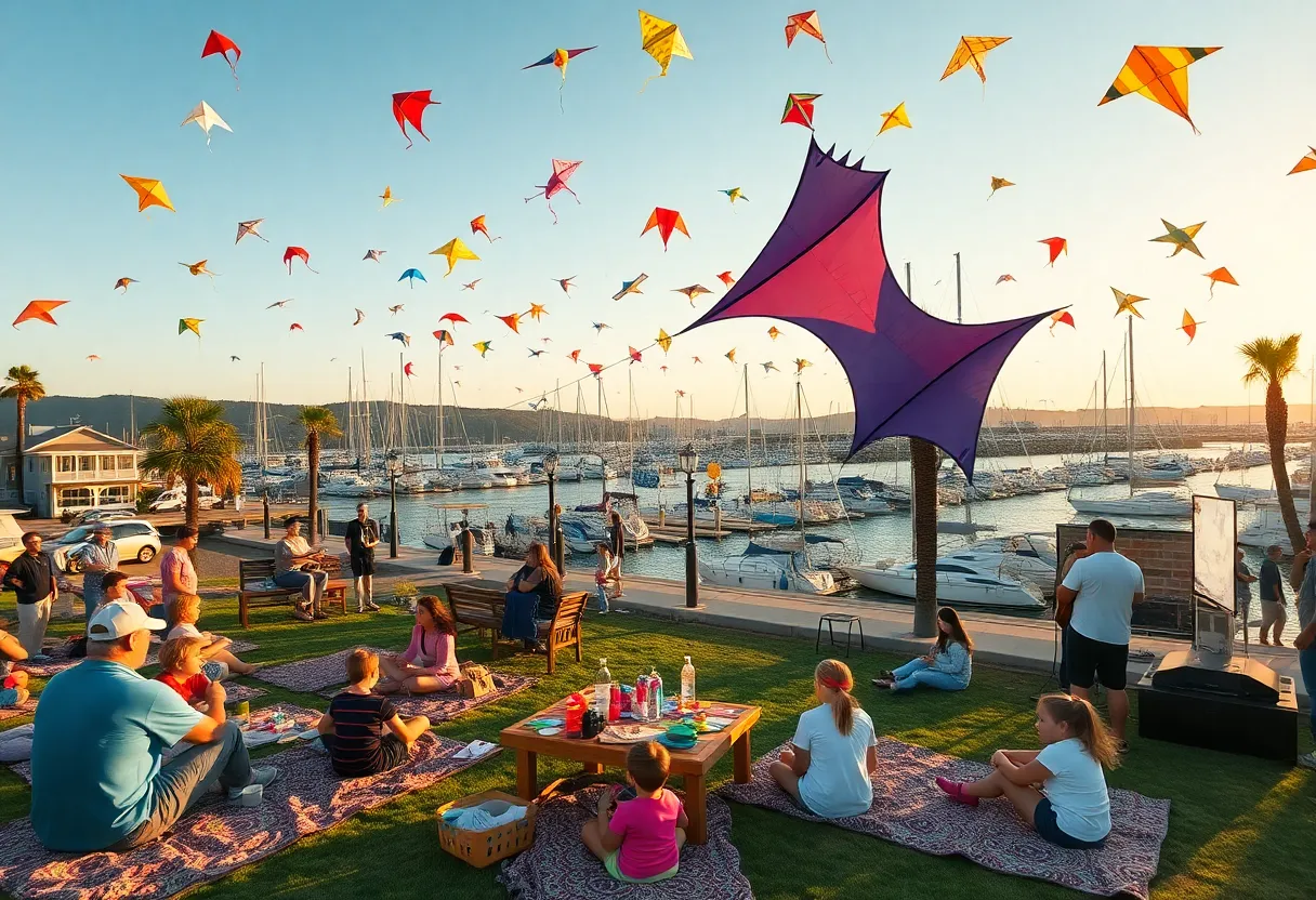 Colorful kites flying above families at Shelter Cove Harbour marina during a children's festival