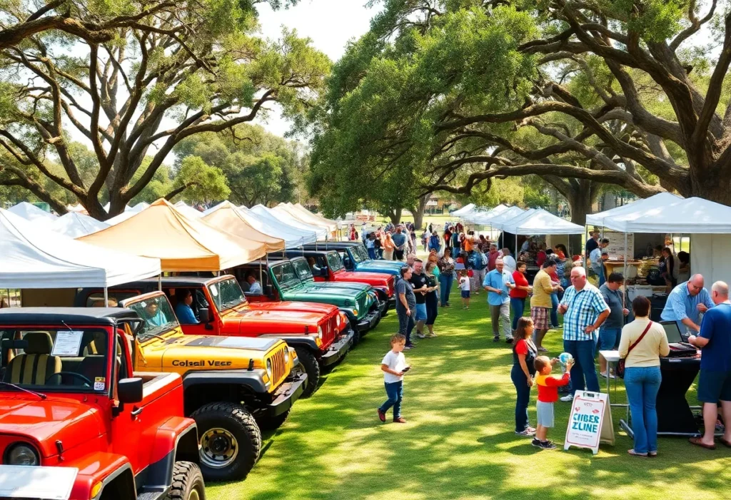 Crowd enjoying chili tasting with rows of Jeeps on display and live music at Lowcountry Celebration Park