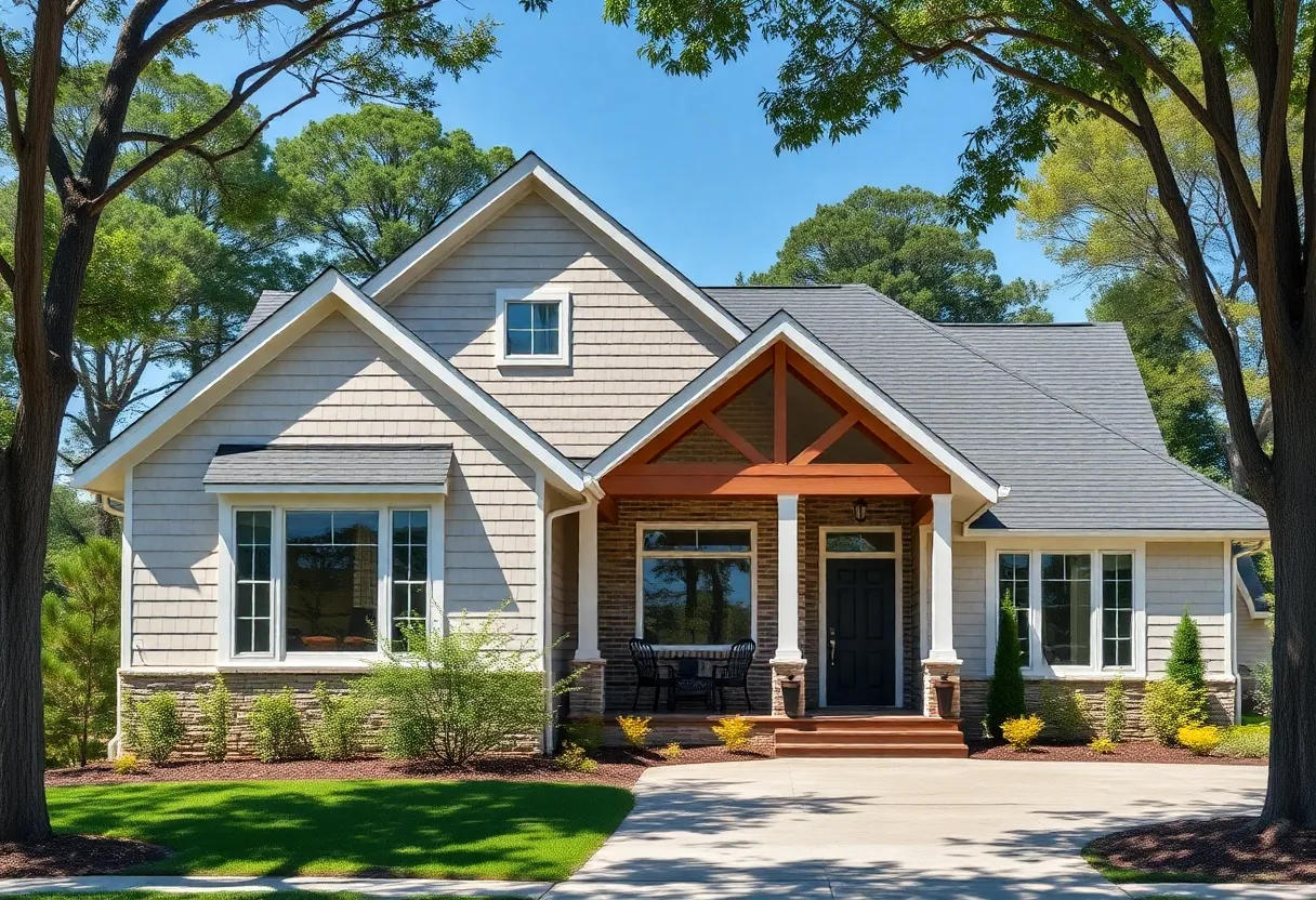 A stylish modern home featuring a gable roof design surrounded by greenery.