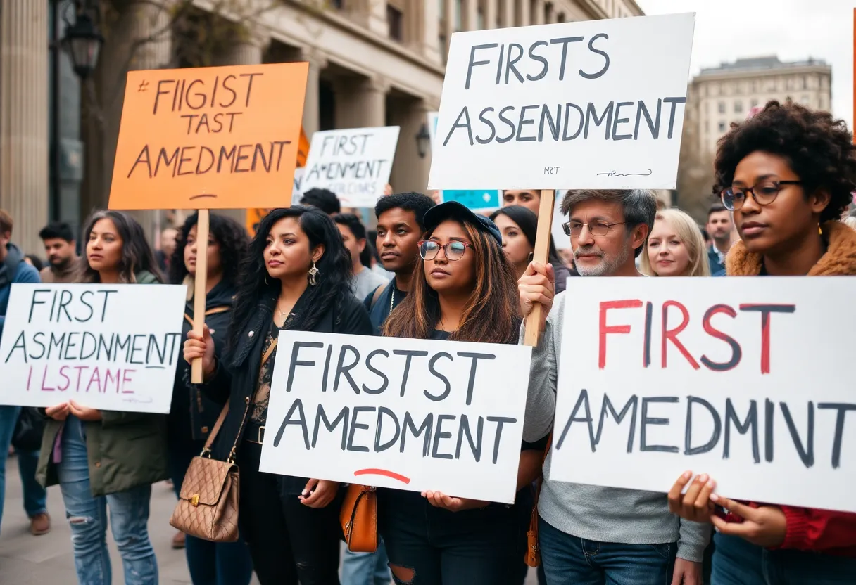 Peaceful protesters advocating for First Amendment rights during the No Kings protests.