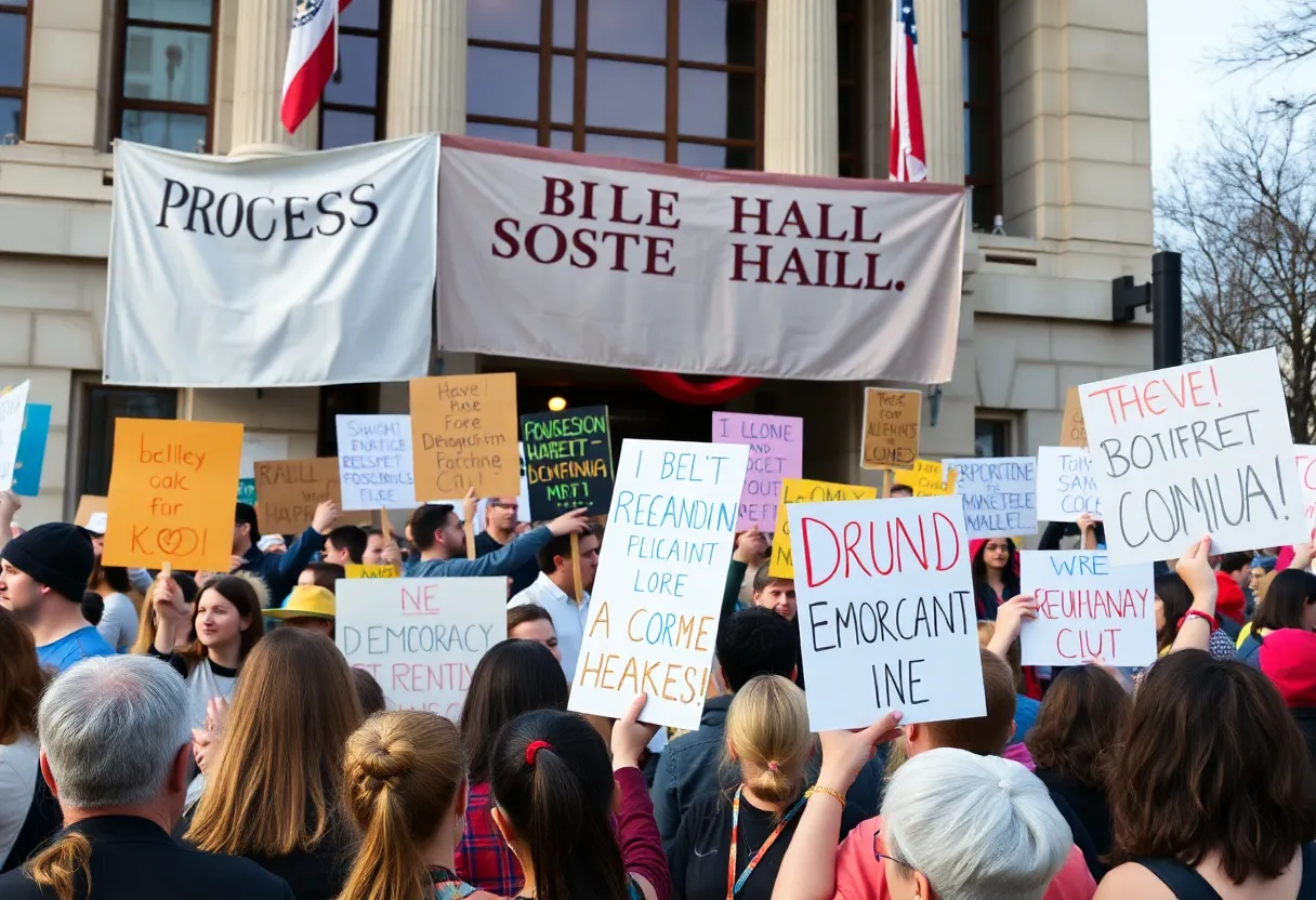 Crowd at No Kings rally holding up signs