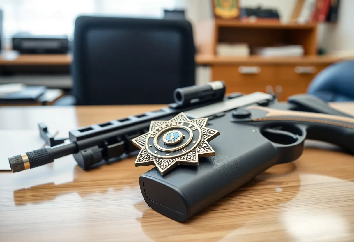 Police badge and service weapon on desk